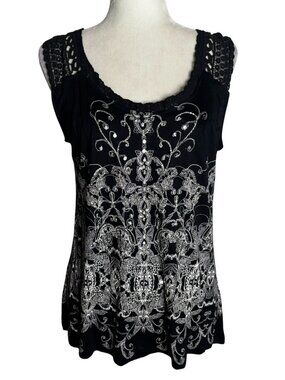 Bila Sleeveless Beaded Tank Top Size Medium Black Crochet Straps Stretch Rayon